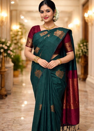 Fancy Soft Silk Bhutta Saree - LTS51 Deep Forest Green & Maroon