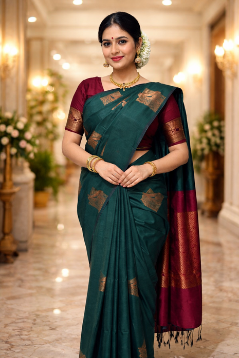 Fancy Soft Silk Bhutta Saree - LTS51 Deep Forest Green & Maroon