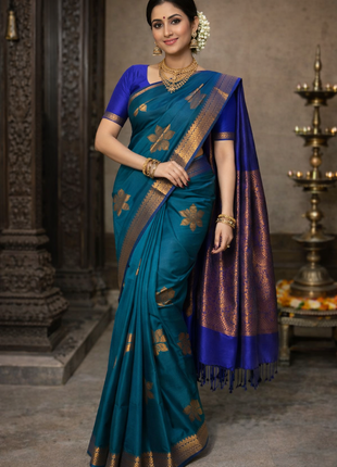 Fancy Soft Silk Bhutta Saree - LTS53 Peacock Green & Cobalt Blue