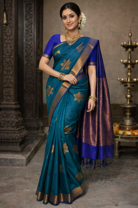 Fancy Soft Silk Bhutta Saree - LTS53 Peacock Green & Cobalt Blue