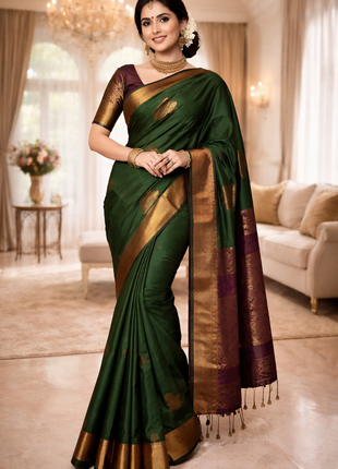 Fancy Soft Silk Bhutta Saree - LTS54 Leaf Green & Dark Maroon