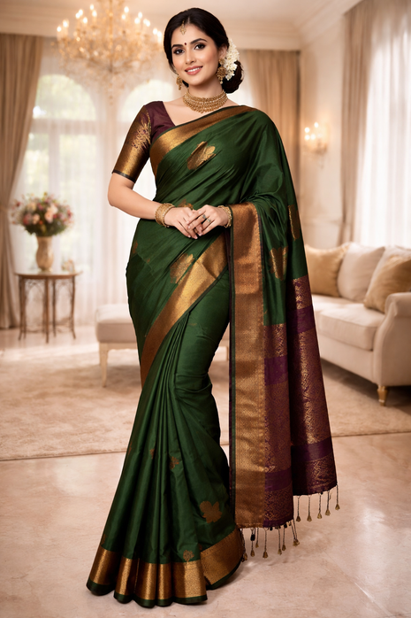 Fancy Soft Silk Bhutta Saree - LTS54 Leaf Green & Dark Maroon