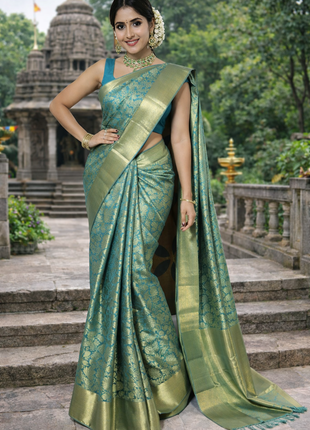 Luna Kanchipuram Tissue Silk Saree - LTS94 Teal Green