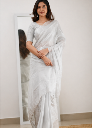 Women's Premium Silver Silk Cotton Saree with Running Blouse Piece