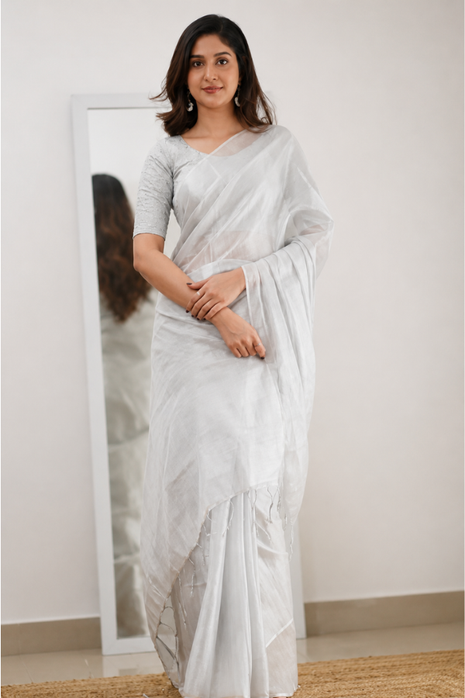 Women's Premium Silver Silk Cotton Saree with Running Blouse Piece