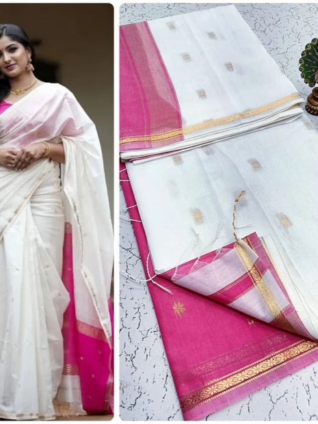 Luna Silk Cotton Saree - LTS59 White & Pink