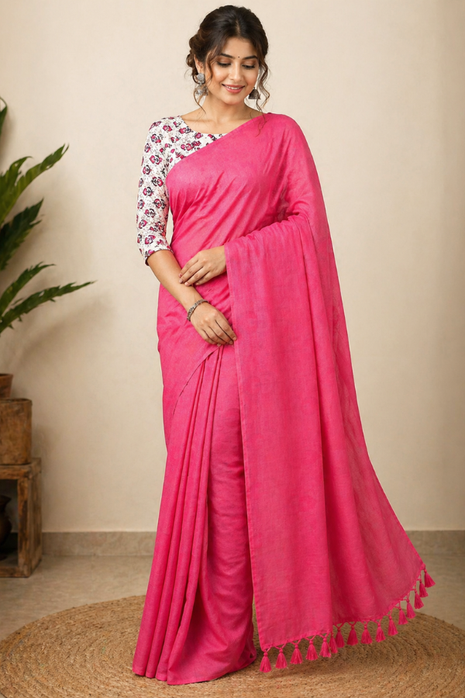 Women’s Pink Cotton Saree - LTS560