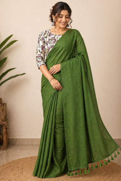 Women’s Green Cotton Saree - LTS561