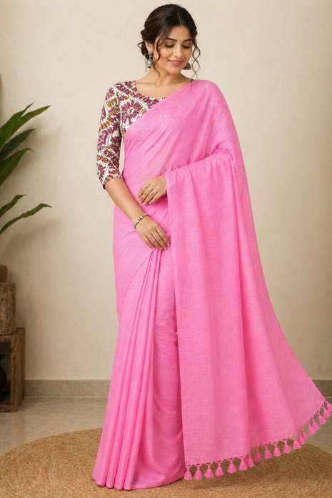Women’s Pink Cotton Saree - LTS562