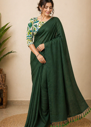 Women’s Dark Green Cotton Saree - LTS563
