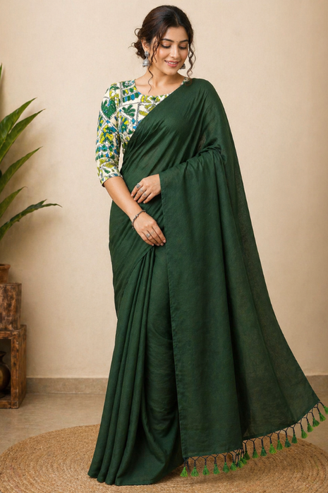 Women’s Dark Green Cotton Saree - LTS563