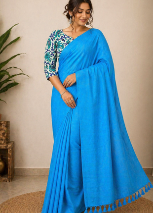 Women’s Blue Cotton Saree - LTS564