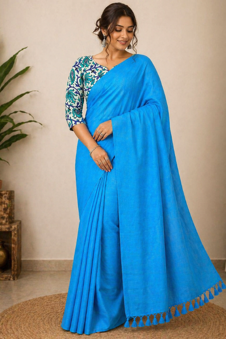 Women’s Blue Cotton Saree - LTS564