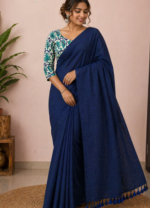 Women’s Dark Blue Cotton Saree - LTS565