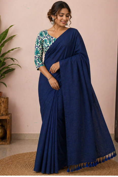 Women’s Dark Blue Cotton Saree - LTS565