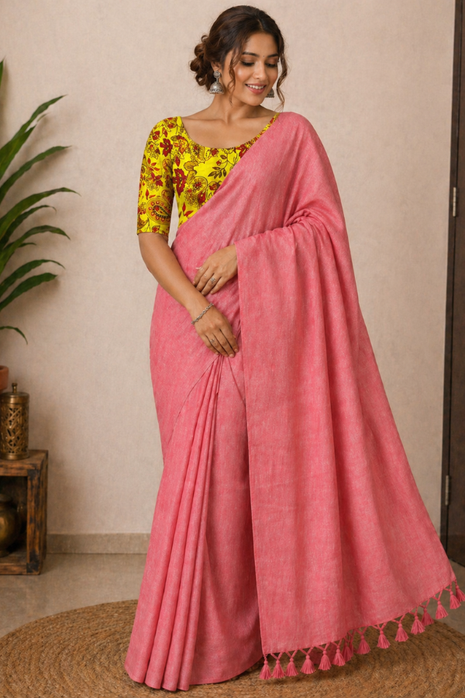 Women’s Pink Cotton Saree with Blouse - LTS566