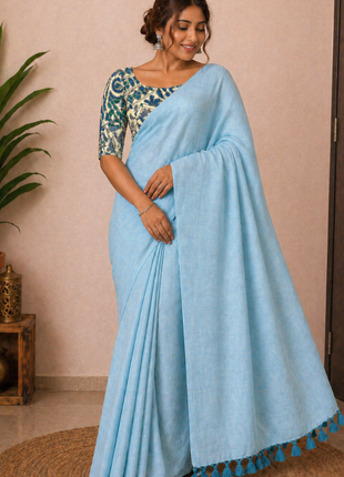 Women’s Light Blue Cotton Saree with Blouse - LTS667