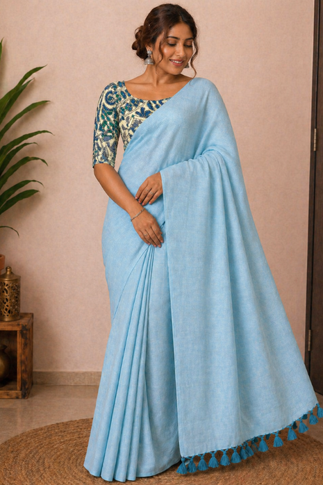 Women’s Light Blue Cotton Saree with Blouse - LTS667