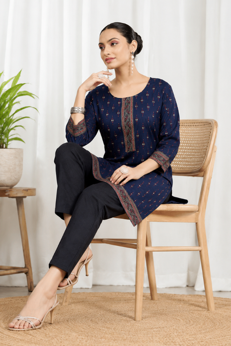Heavy Rayon Mombay Fabric Multi Print - LTT07 Navy Blue