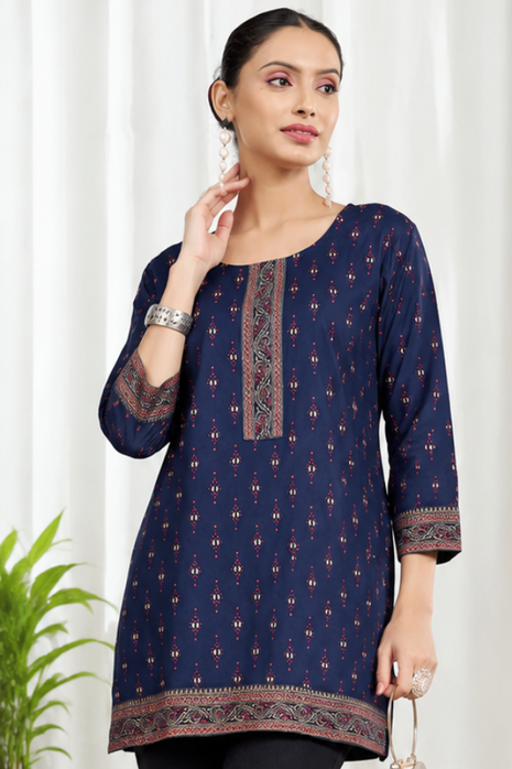 Heavy Rayon Mombay Fabric Multi Print - LTT07 Navy Blue
