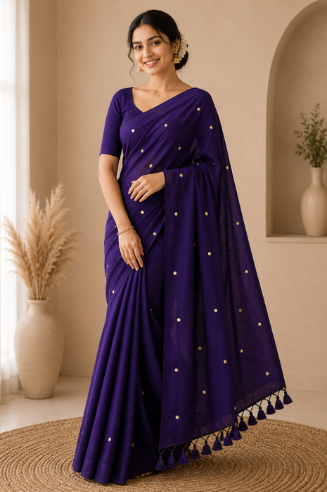 Elegant Deep Purple Cotton Blend Saree