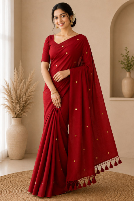 Elegant Red Cotton Blend Saree