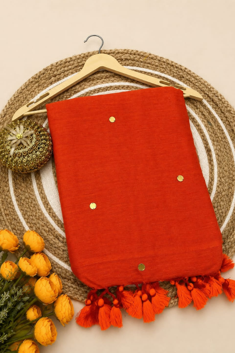Elegant Orange Cotton Blend Saree