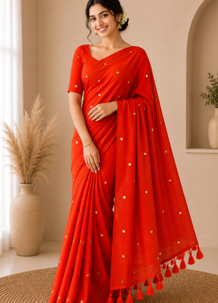 Elegant Orange Cotton Blend Saree