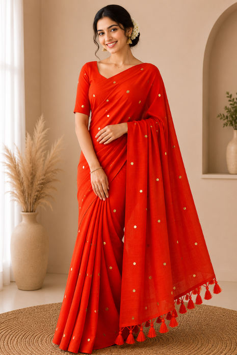 Elegant Orange Cotton Blend Saree