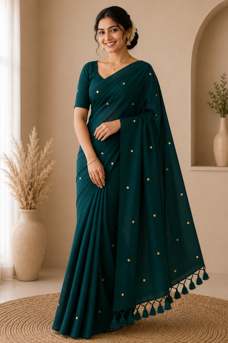 Elegant Peacock Green Cotton Blend Saree