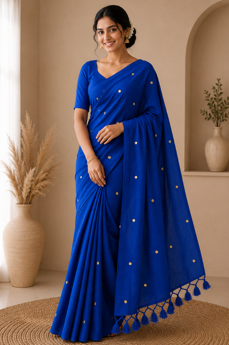 Elegant Royal Blue Cotton Blend Saree