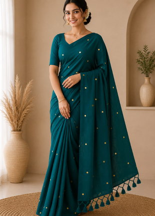 Elegant Peacock Blue Cotton Blend Saree