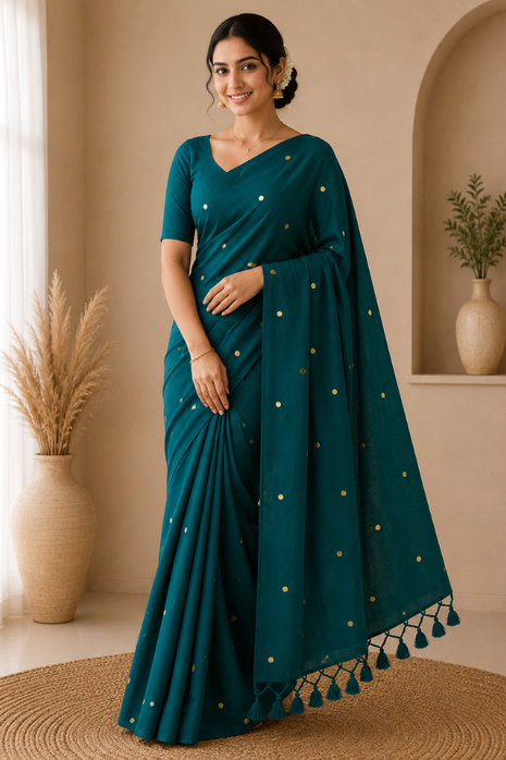 Elegant Peacock Blue Cotton Blend Saree