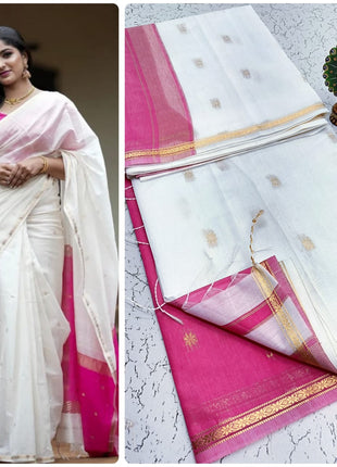 Luna Silk Cotton Saree - LTS59 White & Pink