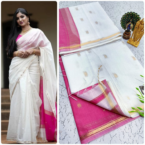 Luna Silk Cotton Saree - LTS59 White & Pink