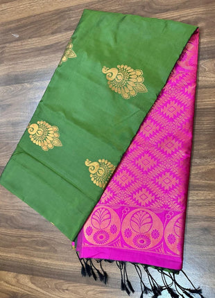 Fancy Soft Silk Bhutta Saree - LTS35 Olive Green & Rani Pink