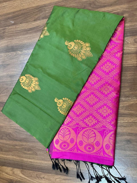 Fancy Soft Silk Bhutta Saree - LTS35 Olive Green & Rani Pink