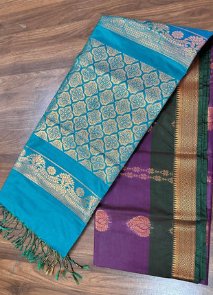 Fancy Soft Silk Bhutta Saree - LTS37 Aubergine & Bright Green