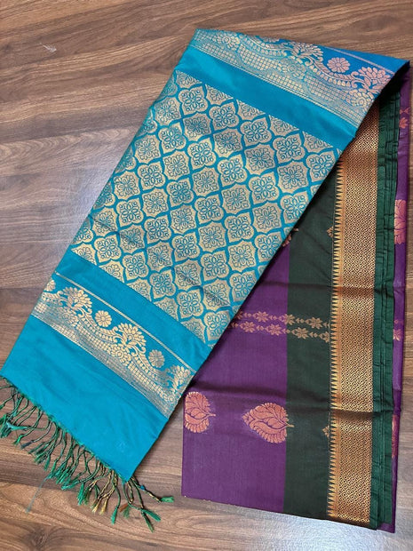 Fancy Soft Silk Bhutta Saree - LTS37 Aubergine & Bright Green