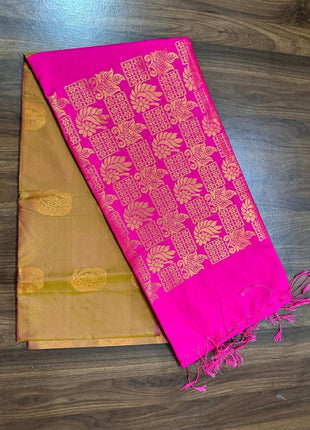 Fancy Soft Silk Bhutta Saree - LTS38 Muted Gold & Hot Pink