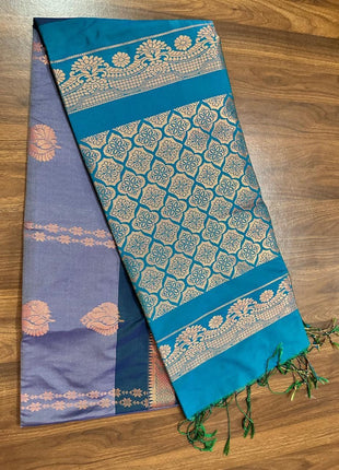 Fancy Soft Silk Bhutta Saree - LTS39 Dusty Mauve & Peacock Blue