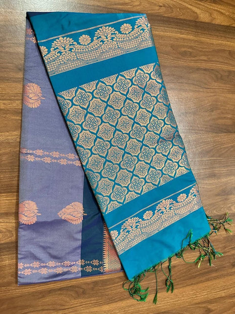 Fancy Soft Silk Bhutta Saree - LTS39 Dusty Mauve & Peacock Blue