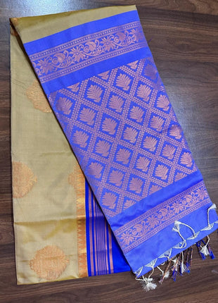 Fancy Soft Silk Bhutta Saree - LTS40 Light Beige & Cobalt Blue