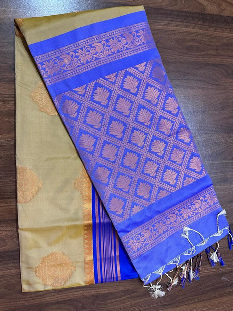 Fancy Soft Silk Bhutta Saree - LTS40 Light Beige & Cobalt Blue