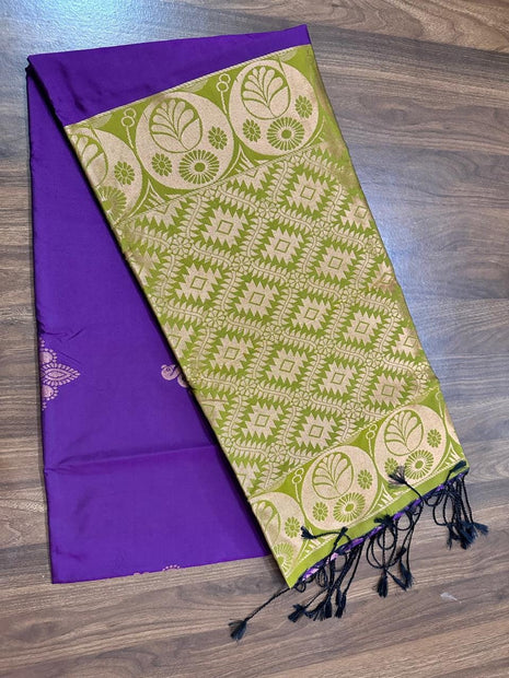 Fancy Soft Silk Bhutta Saree - LTS41 Vibrant Purple & Light Olive Green
