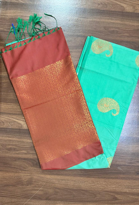 Fancy Soft Silk Bhutta Saree - LTS44 Light Aqua & Burnt Orange