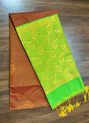 Fancy Soft Silk Bhutta Saree - LTS45 Burnt Orange  &  Lime Green