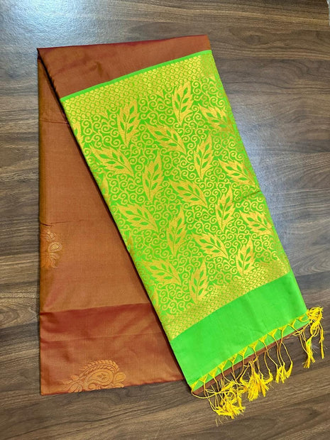 Fancy Soft Silk Bhutta Saree - LTS45 Burnt Orange  &  Lime Green