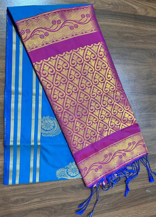 Fancy Soft Silk Bhutta Saree - LTS46 Cerulean & Raspberry Pink