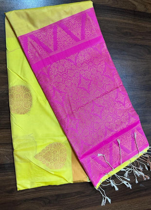 Fancy Soft Silk Bhutta Saree - LTS47 Canary Yellow & Hot Pink